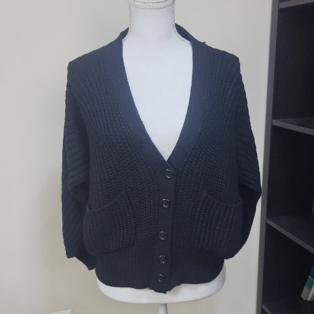 PIPPA LYNN Black Wool Blend Keyhole Back Dolman Sleeve Pocketed V-neck Cardigan